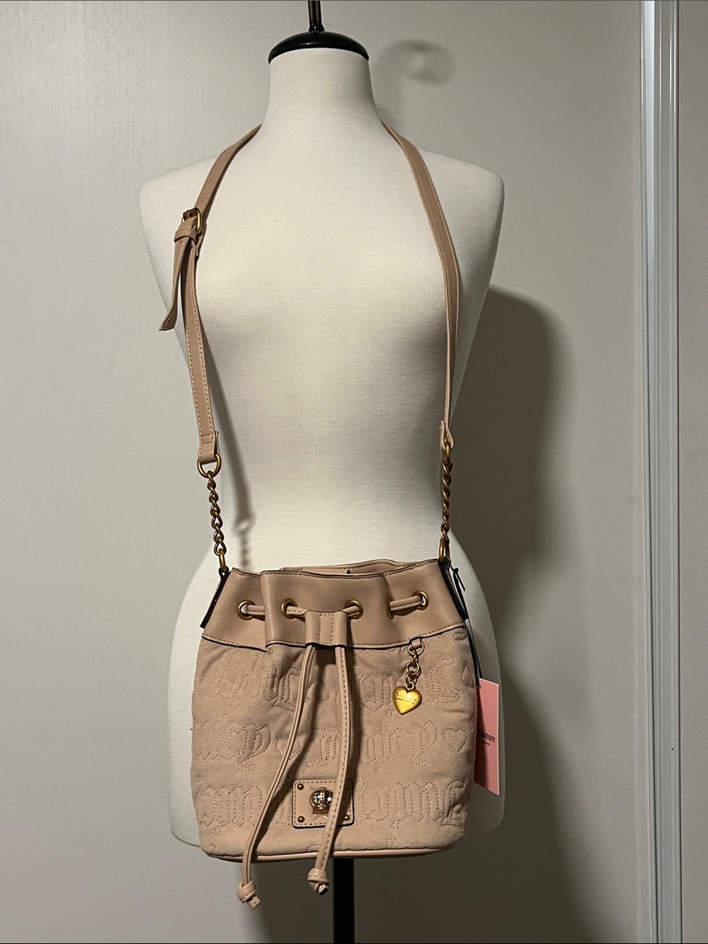 Juicy Couture Beige Bucket Crossbody with Heart Charm